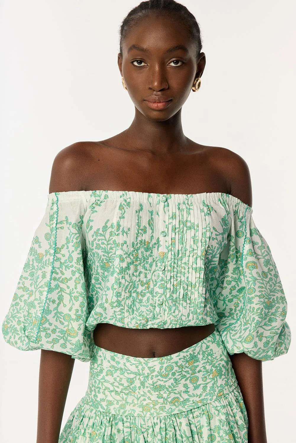 OFF-SHOULDER FLORAL PRINT MINI SKIRT SET IN GREEN