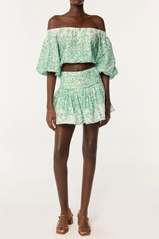 Ellalabel OFF-SHOULDER FLORAL PRINT MINI SKIRT SET IN GREEN - Crafted from High-quality Fabrication- Best for Cocktail Parties and Night Out.