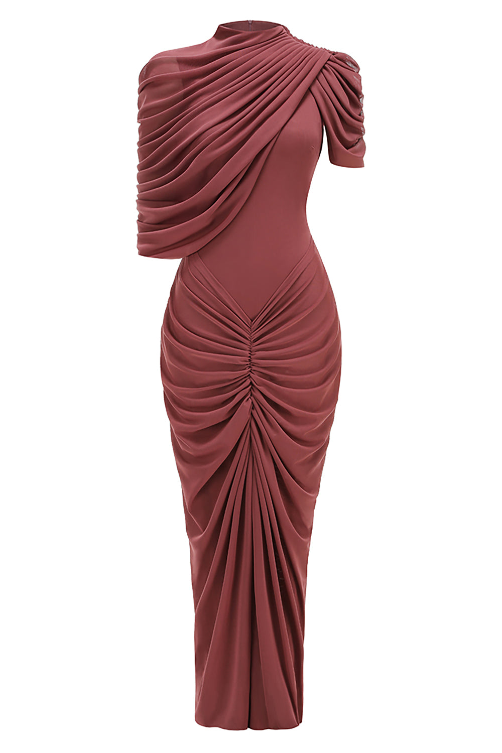 phoenix Turtleneck Asymmetrical Pleated Maxi Dress