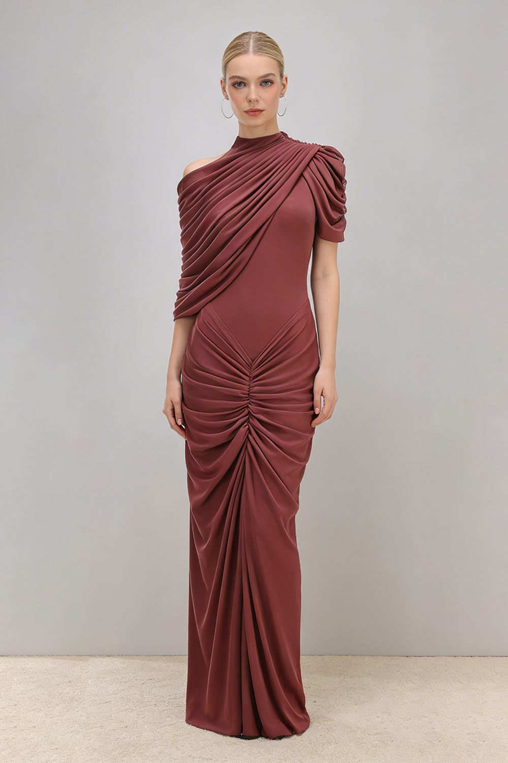 phoenix Turtleneck Asymmetrical Pleated Maxi Dress