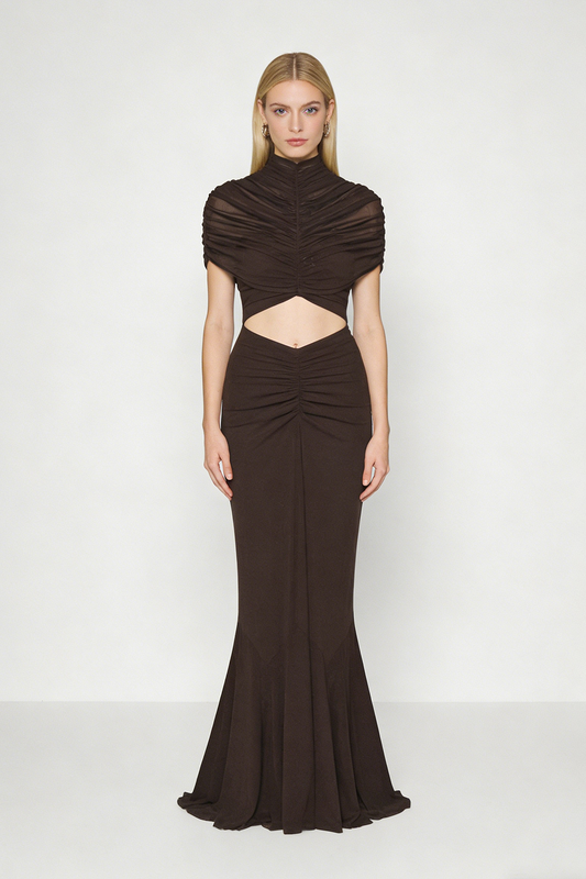 Ellalabel nicole Turtleneck Cut-Out Ruched Mesh Maxi Dress in Brown - Crafted from High-quality Fabrication- Ideal for Wedding Guest and Formal Galas.