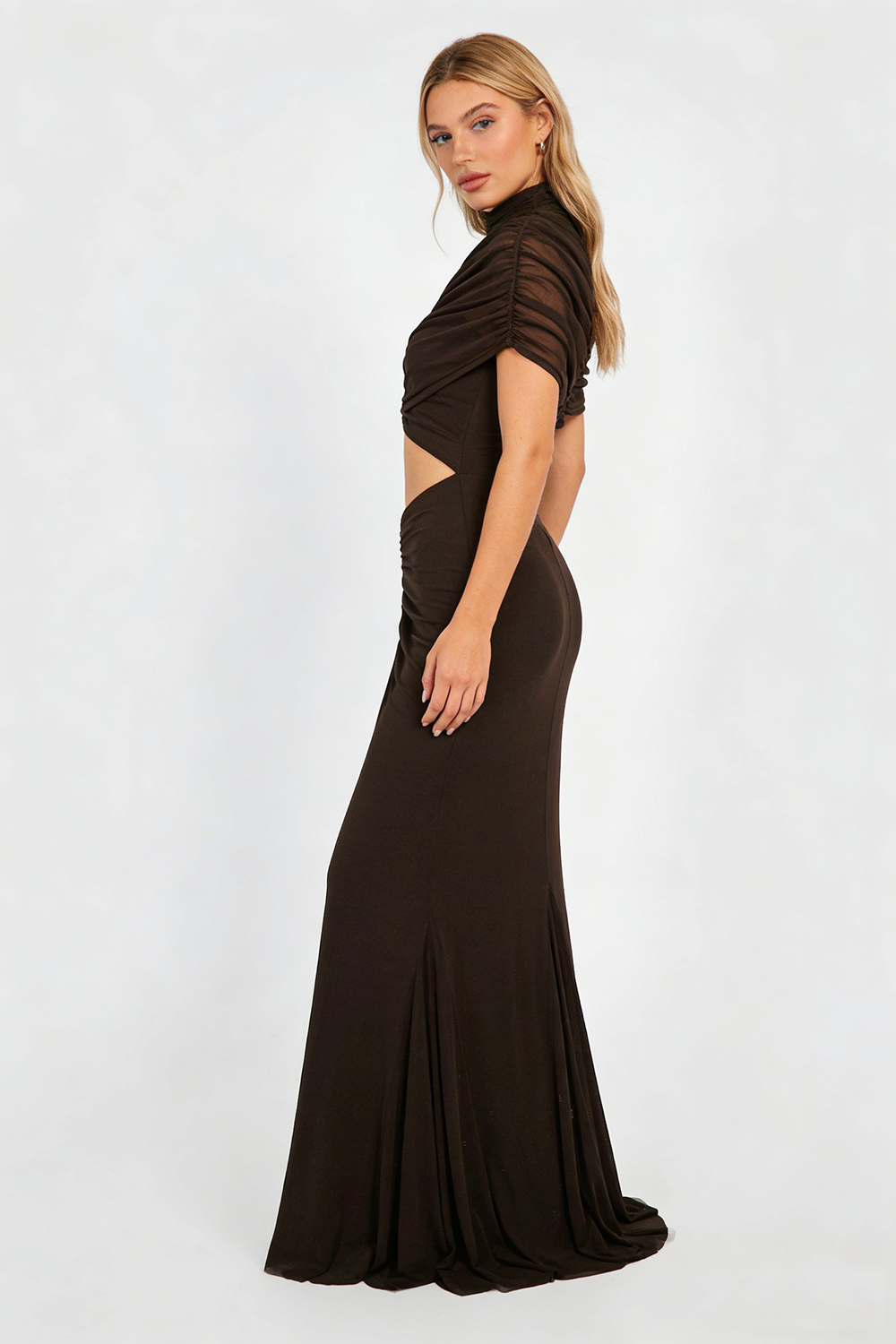 nicole Turtleneck Cut-Out Ruched Mesh Maxi Dress