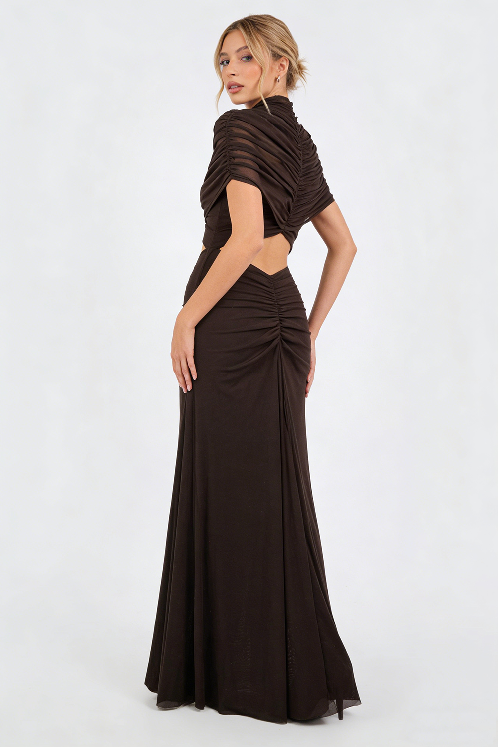 nicole Turtleneck Cut-Out Ruched Mesh Maxi Dress