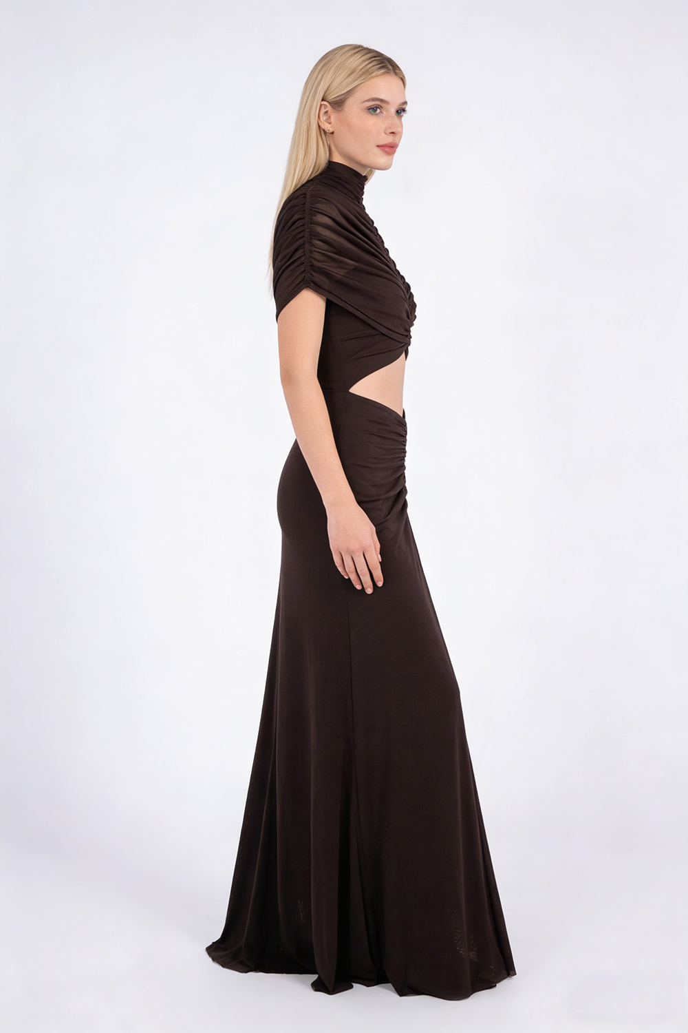 nicole Turtleneck Cut-Out Ruched Mesh Maxi Dress
