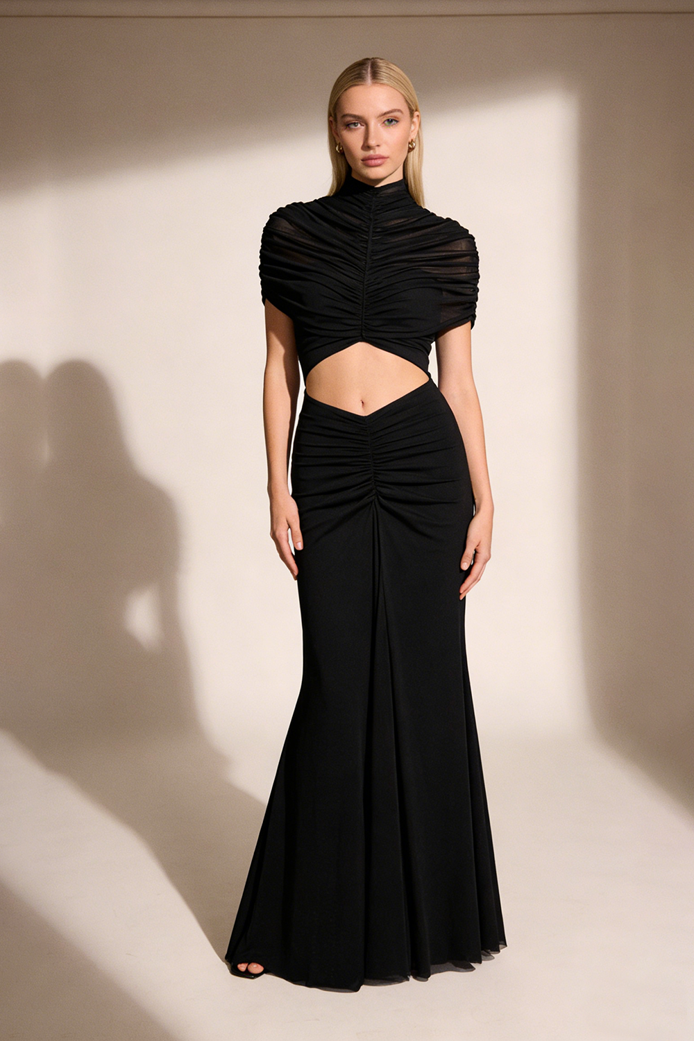nicole Turtleneck Cut-Out Ruched Mesh Maxi Dress