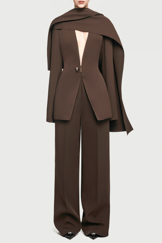 Ellalabel Tyanne Asymmetrical Shoulder Pleat Blazer Two Piece Set - Brown - Crafted from High-quality Fabrication - Designed for Elegant Occasions.