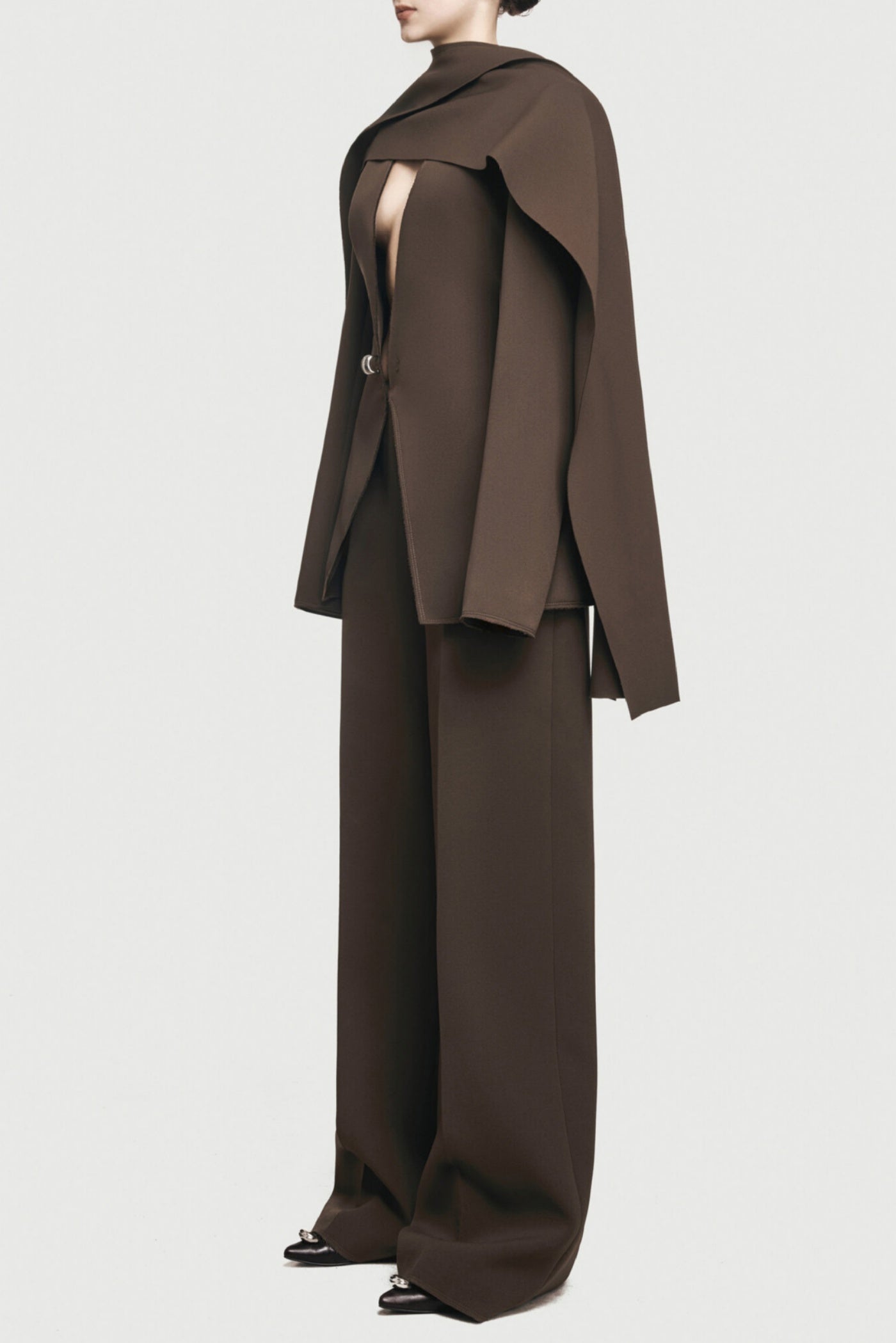 Tyanne Asymmetrical Shoulder Pleat Blazer Two Piece Set - Brown - Stylish brown dress for special occasions | Buy Online