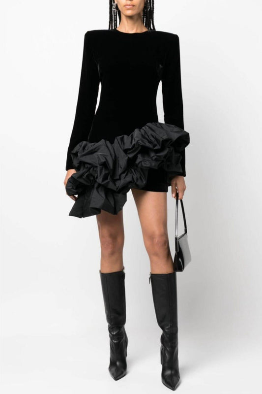 Ellalabel Ursula Velvet Ruffle Long Sleeve Mini Dress - Crafted from Luxury Velvet- Best for Cocktail Parties and Night Out.