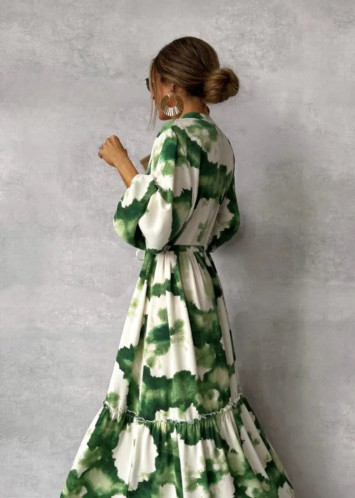 katherine green Lantern sleeve printed lapel maxi dress