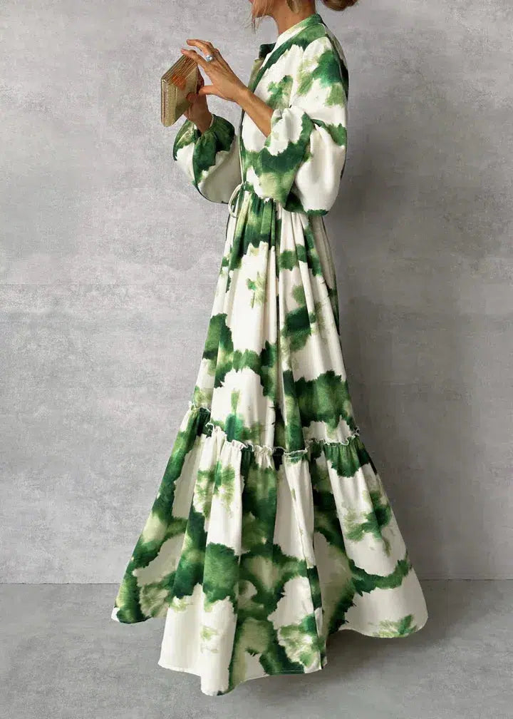 katherine green Lantern sleeve printed lapel maxi dress