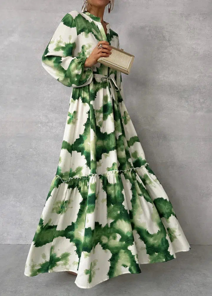 katherine green Lantern sleeve printed lapel maxi dress