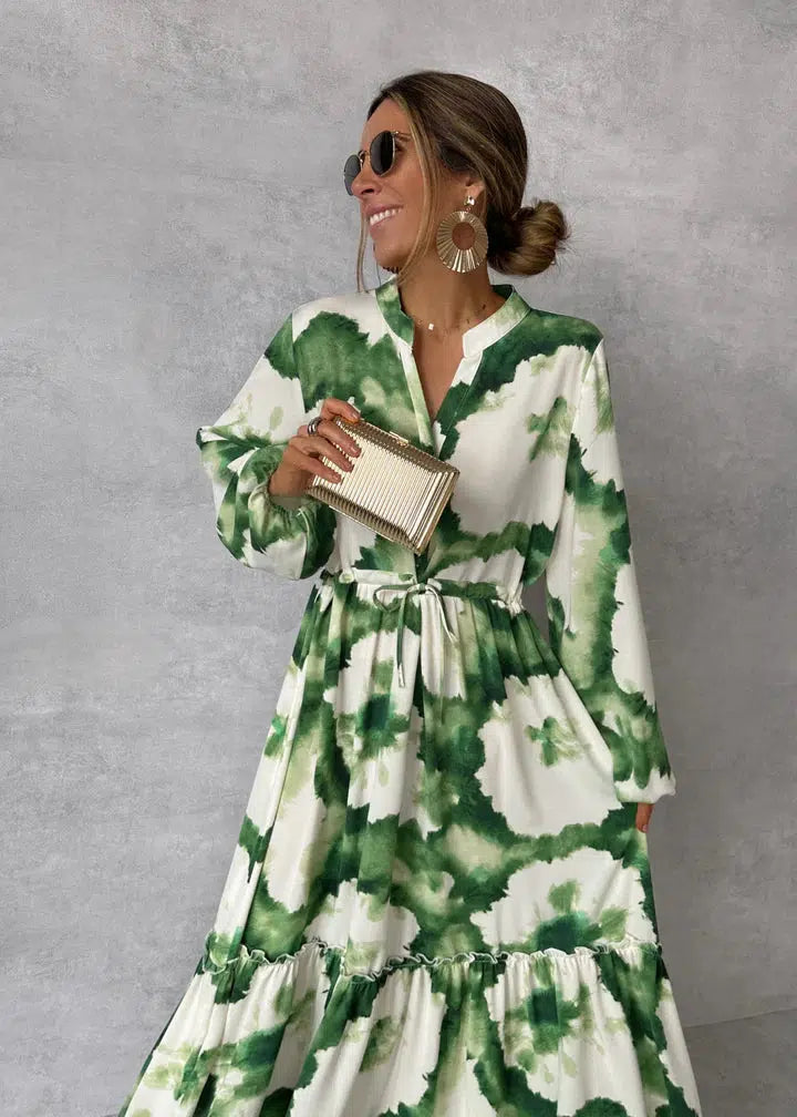 katherine green Lantern sleeve printed lapel maxi dress