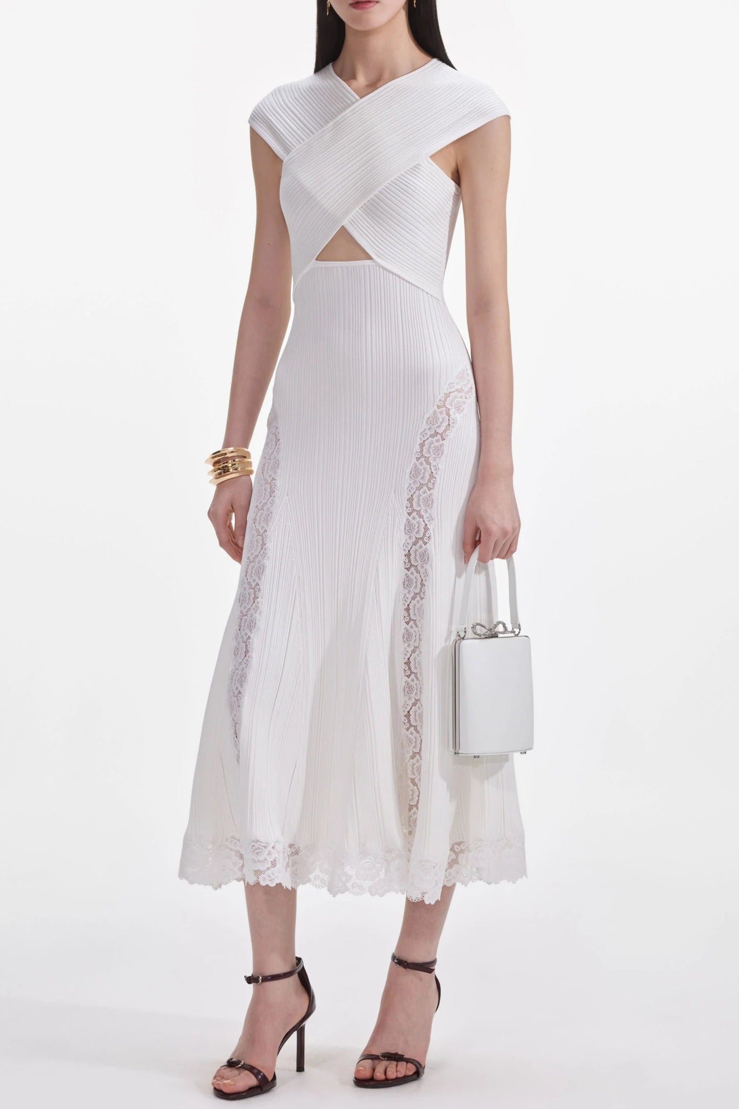 Stylish white dress | White Knit Lace Insert Midi Dress - Ideal for special occasions