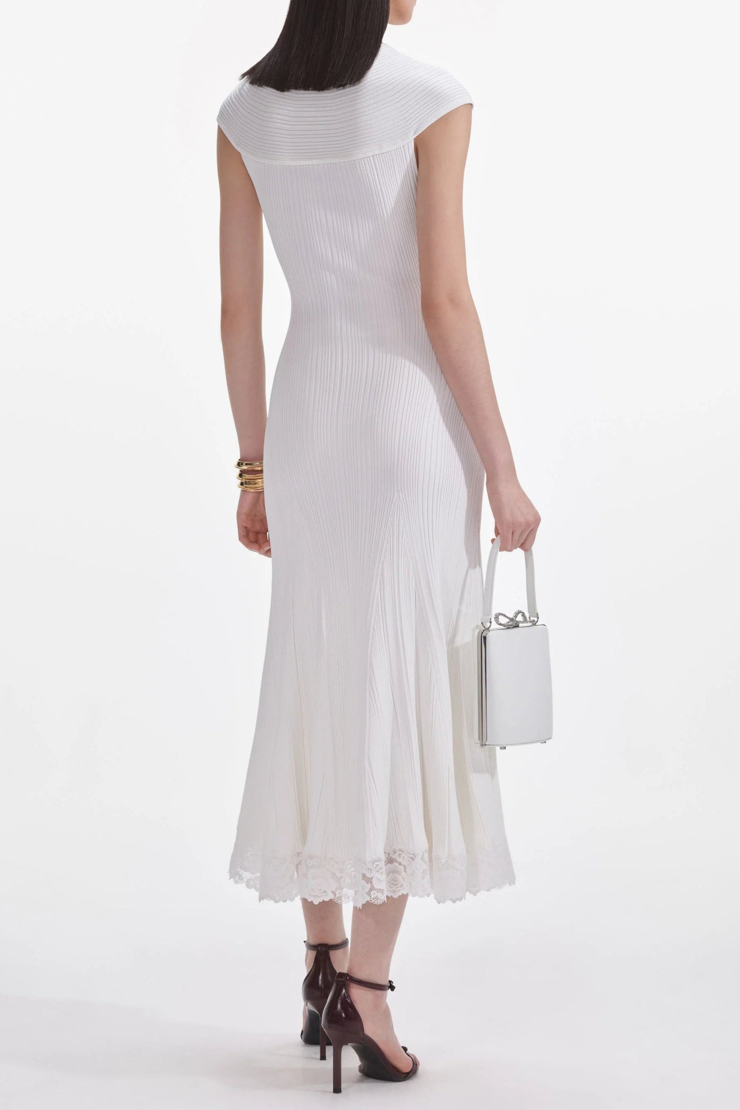 Stylish white dress | White Knit Lace Insert Midi Dress - Ideal for special occasions
