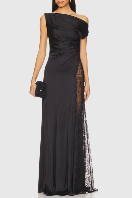 Ellalabel sherry black One Shoulde Lace Satin Maxi Dress - Crafted from Glossy Silk Satin- Ideal for Wedding Guest and Formal Galas.
