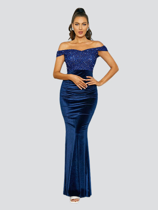 Ellalabel Off Shoulder Velvet Mermaid Cocktail Dress in Blue - Crafted from Luxury Velvet- Best for Cocktail Parties and Night Out.