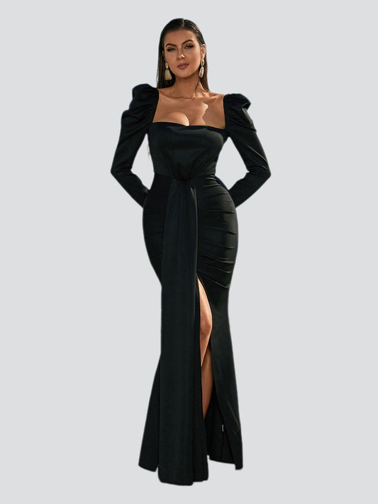 Ellalabel Puff Long Sleeve Split Black Mermaid Prom Dress in Black - Crafted from High-quality Fabrication- Ideal for Wedding Guest and Formal Galas.
