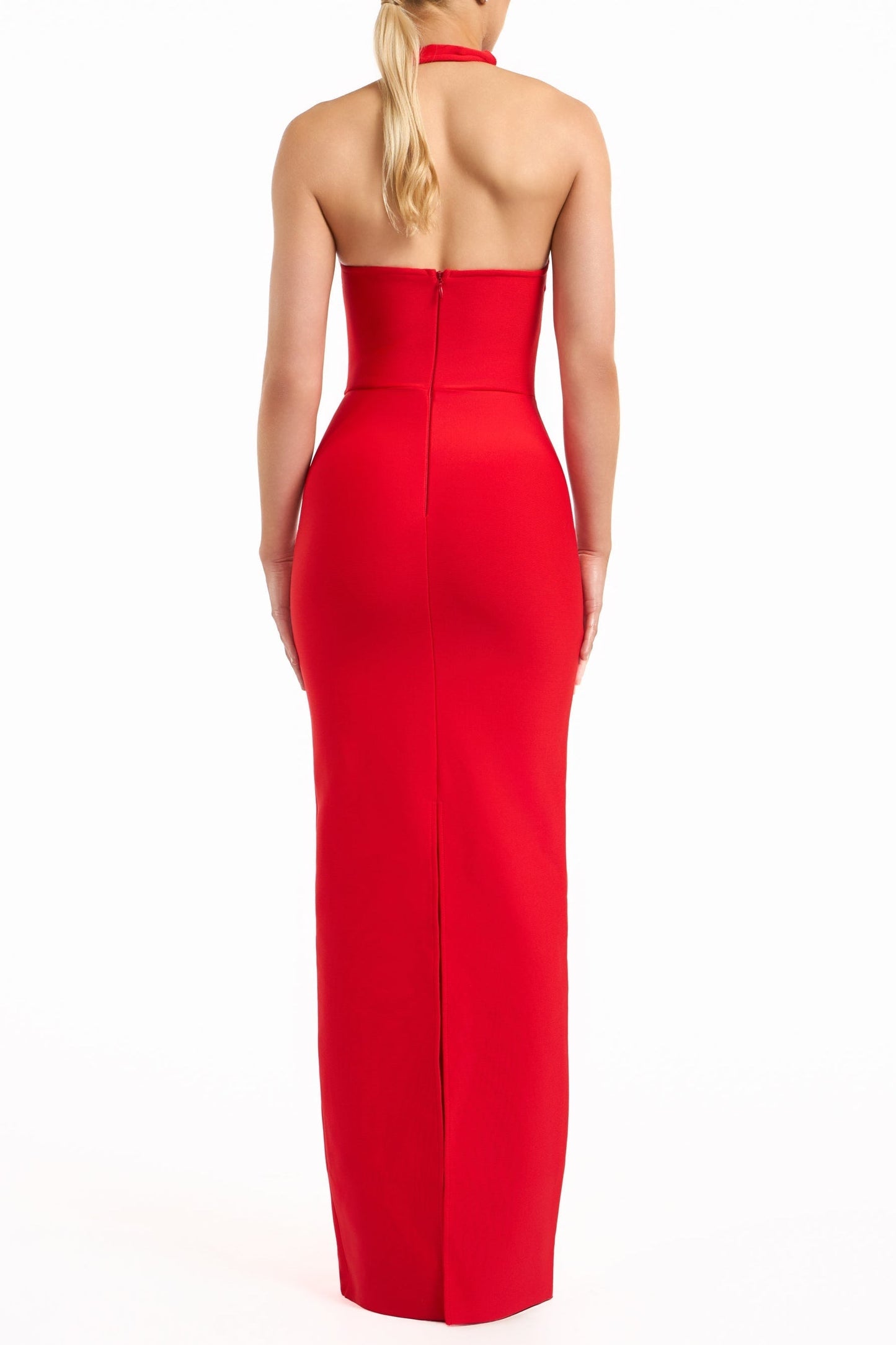 rebecca red cutout backless Halter bandage maxi dress