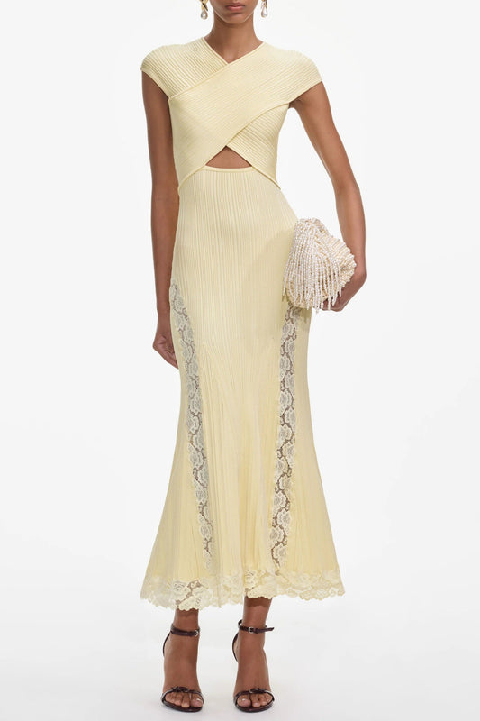 Ellalabel Yellow Knit Lace Insert Midi Dress - Crafted from Intricate Lace Fabrication- Perfect for Garden Parties and Resort Wear.