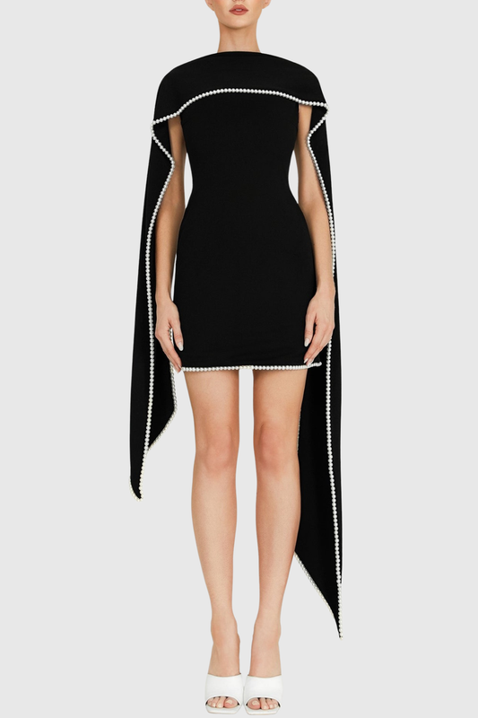 Ellalabel odelette Pearl Trim Shawl Mini Dress - Black - Crafted from High-quality Fabrication- Best for Cocktail Parties and Night Out.