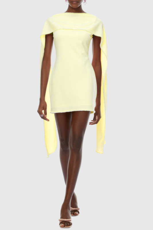 Ellalabel odelette Pearl Trim Shawl Mini Dress - Yellow - Crafted from High-quality Fabrication- Best for Cocktail Parties and Night Out.