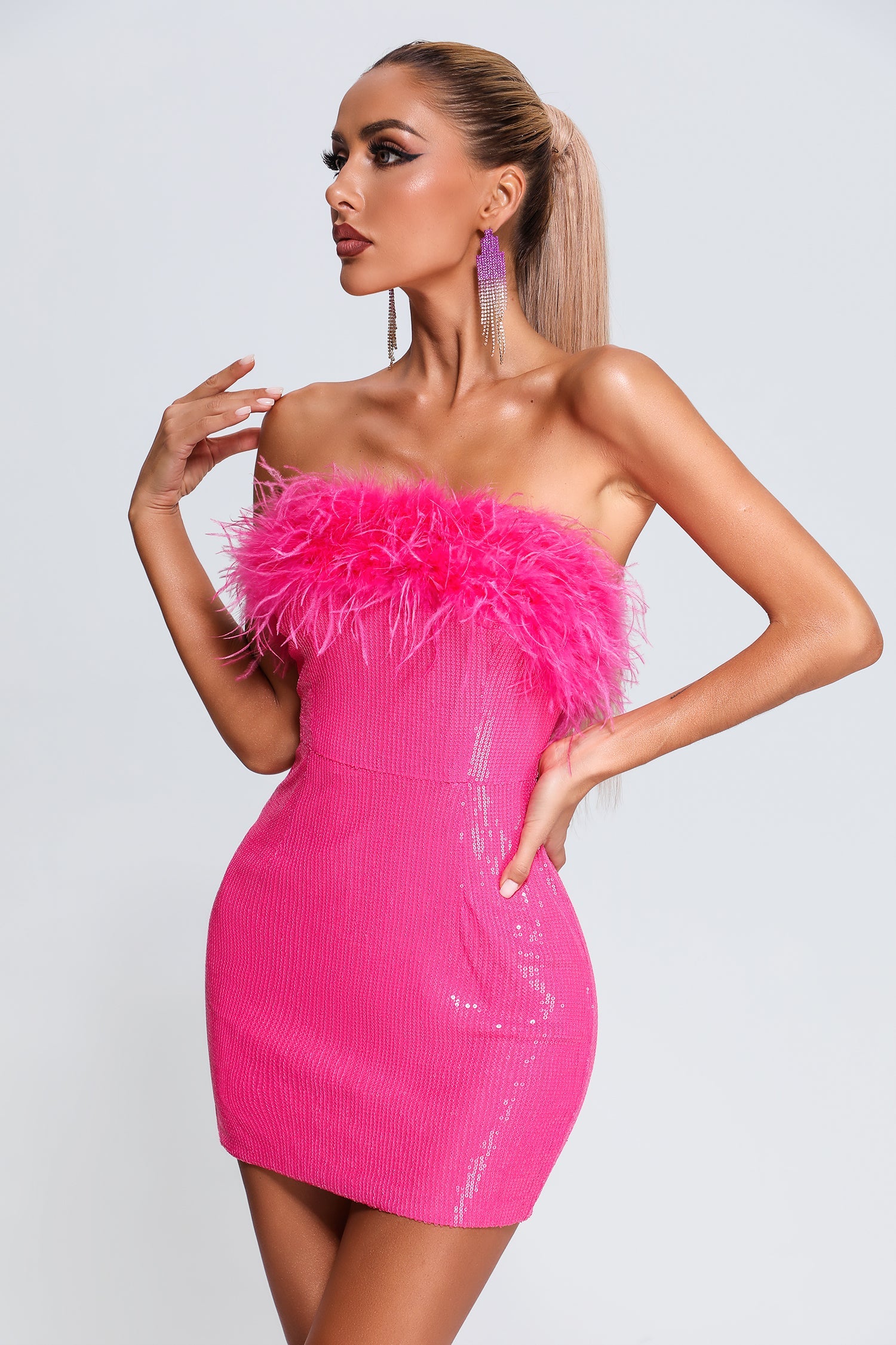 Zoya Strapless Sequin Feather Mini Dress
