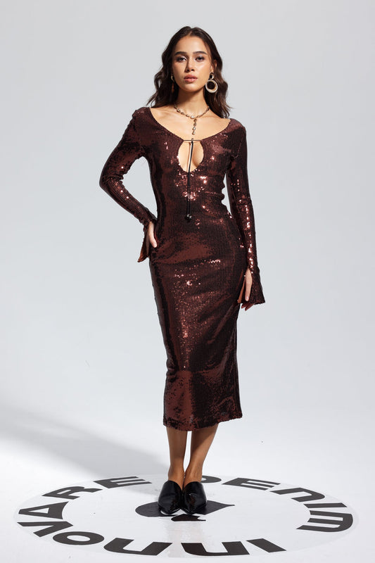 Ellalabel Aoibhe Sequin Midi Dress In Brown - Crafted from Shimmering Hand-stitched Sequins- Perfect for Garden Parties and Resort Wear.