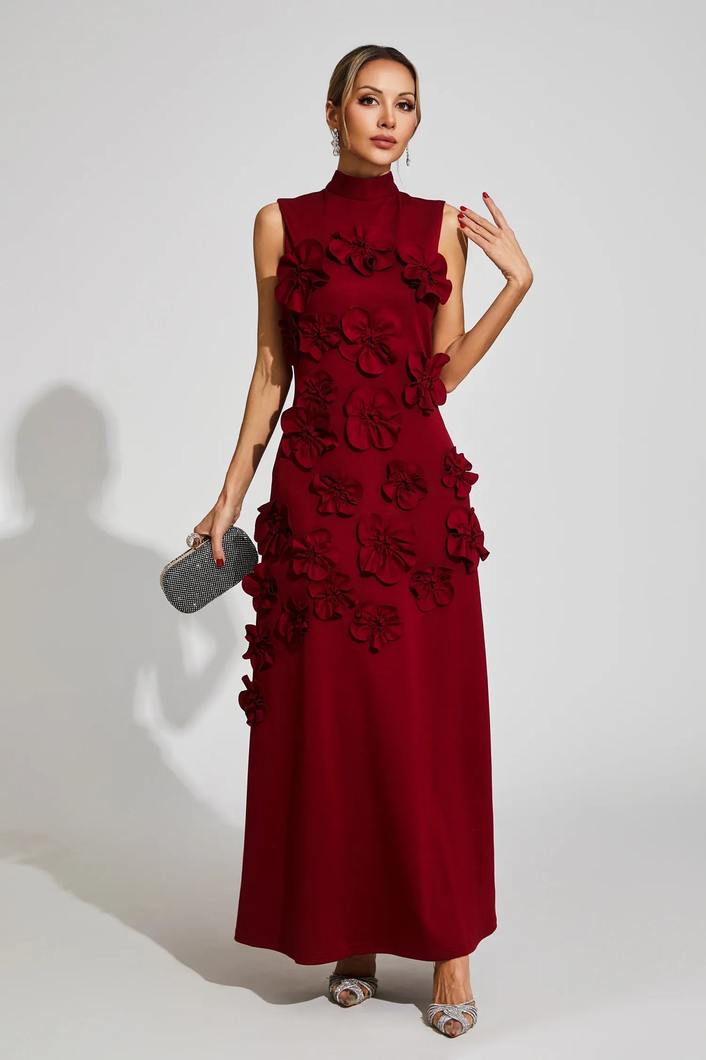 modesty RED FLOWER EMBELLISHED MAXI DRESS - Stylish red dress for special occasions | Buy Online