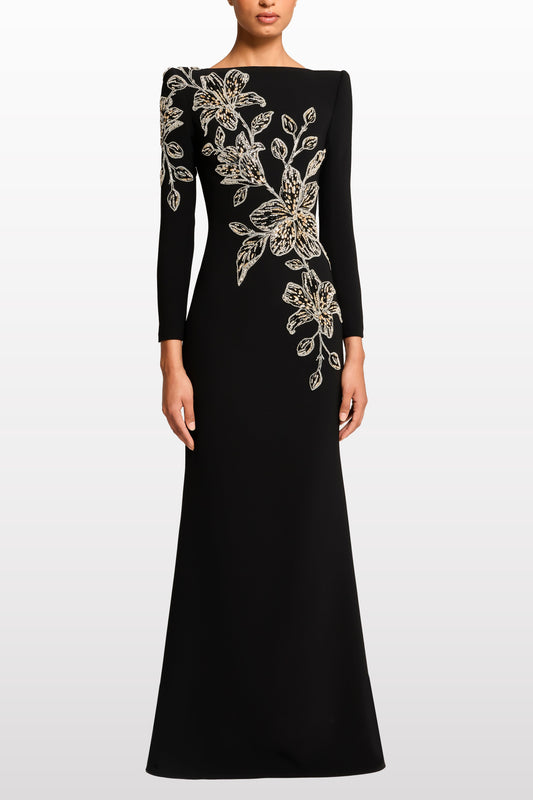 Ellalabel jocelyn black rhinestone Orchid Floral-Embellished Maxi Dress - Crafted from High-quality Fabrication- Ideal for Wedding Guest and Formal Galas.