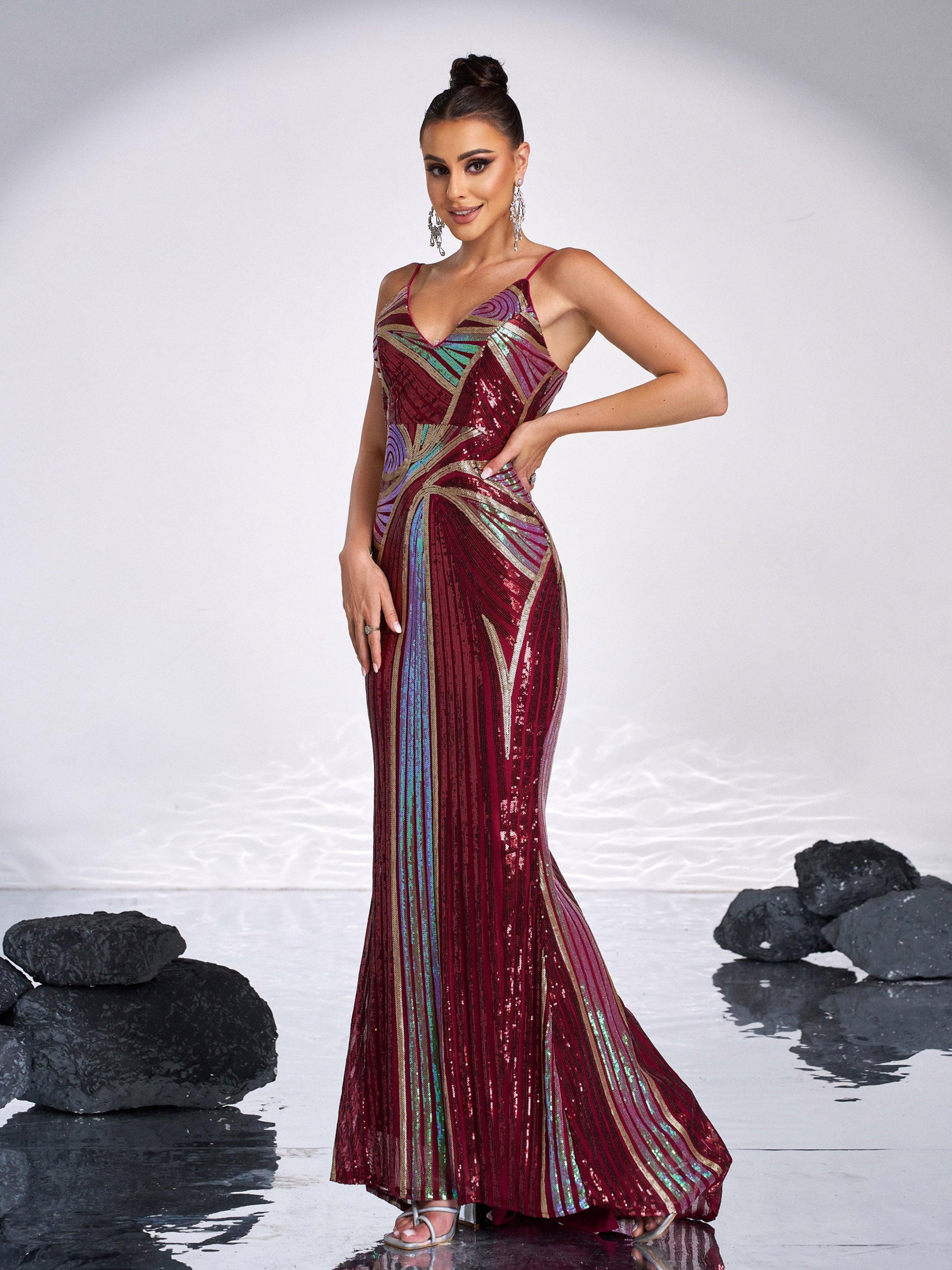 Sexy Spaghetti Sequin Prom Maxi Dress