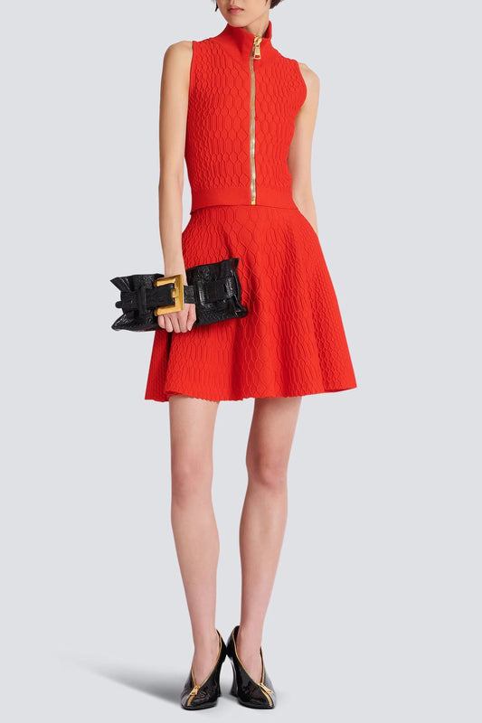 Ellalabel marina Sleeveless plaid Knit Top skirt set in red - Crafted from Soft-touch Fine Knit - Designed for Elegant Occasions.