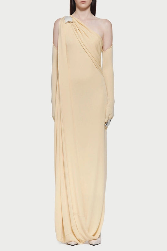 Ellalabel gustave one-shoulder pleated backless maxi dress in yellow - Crafted from High-quality Fabrication- Ideal for Wedding Guest and Formal Galas.