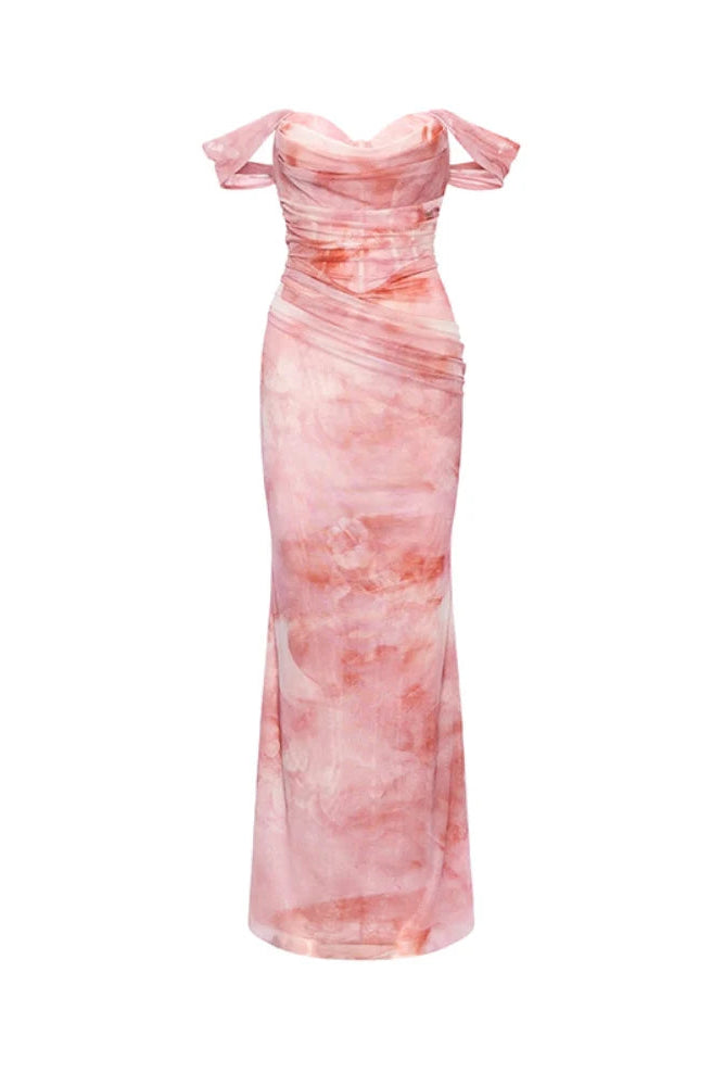 giselle pink Off-shoulder Pleated Gradient-dyed maxi Dress