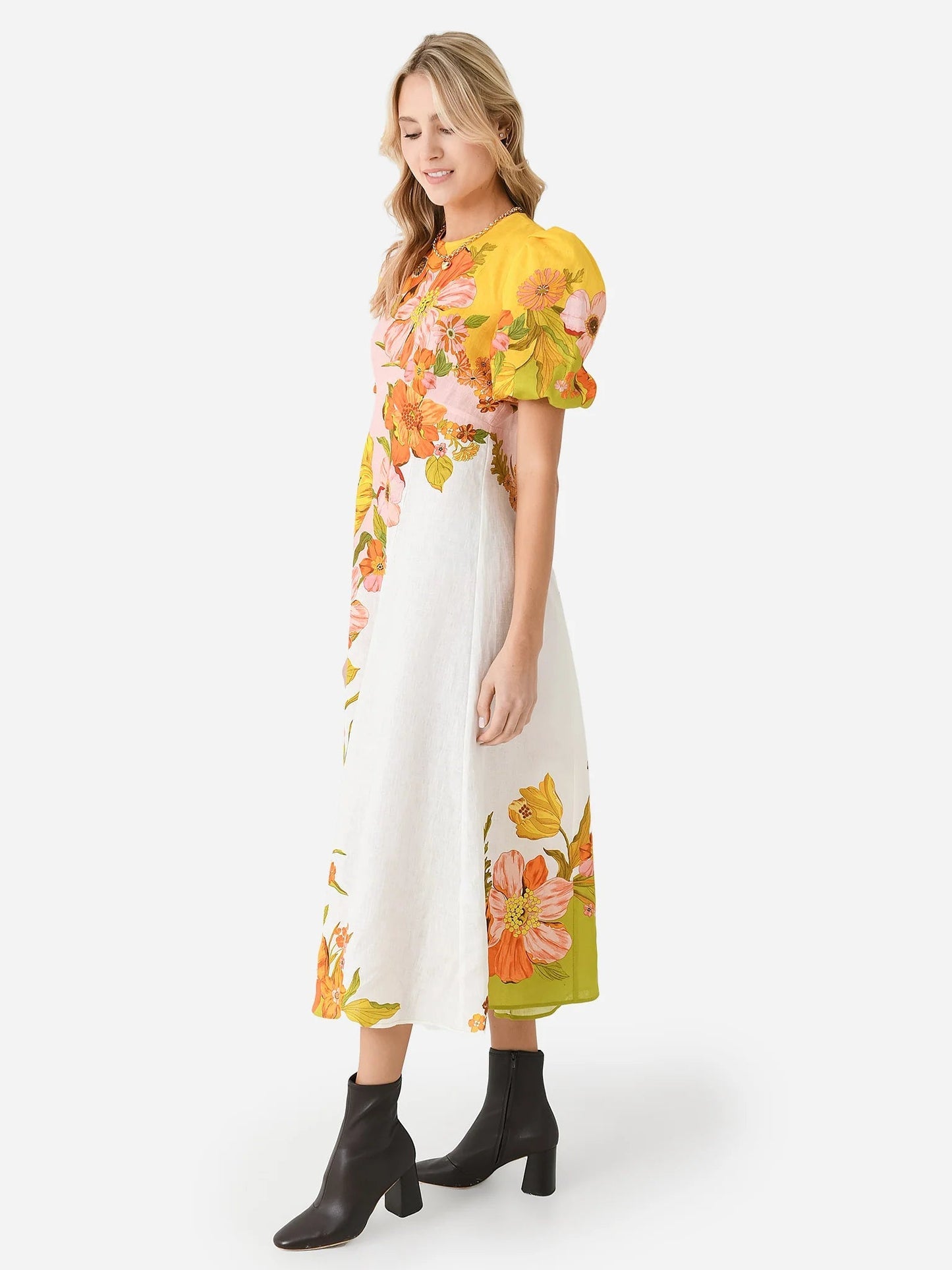 nancy yellow puff sleeve floral print maxi dress
