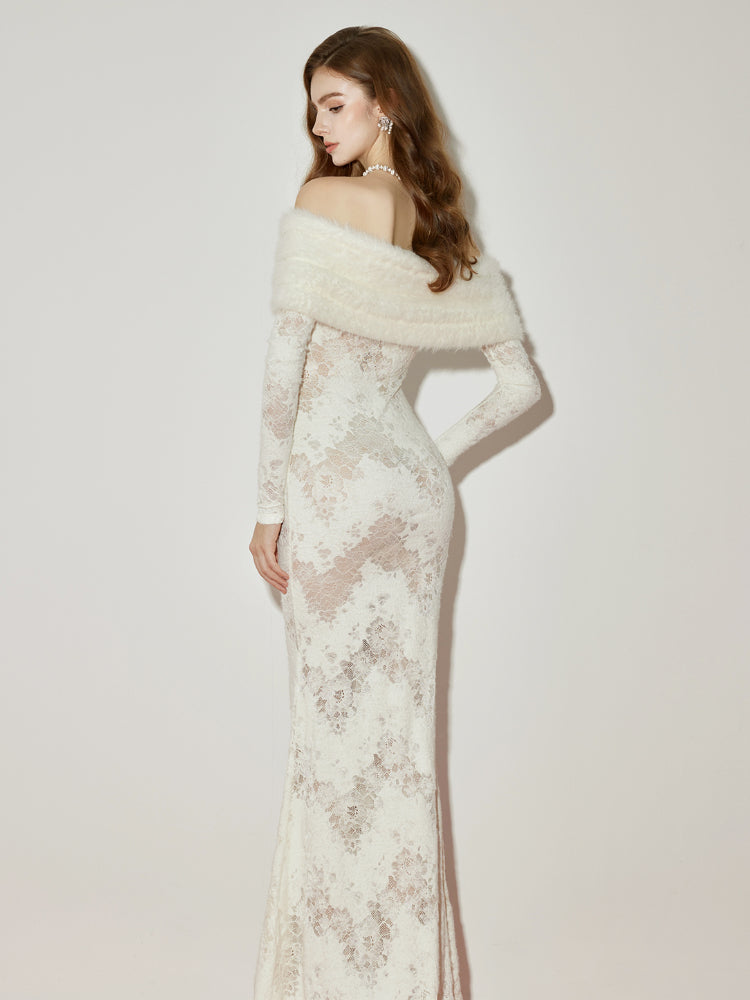 julia Off-Shoulder Fur Collar Long Sleeve lace maxi dress in white