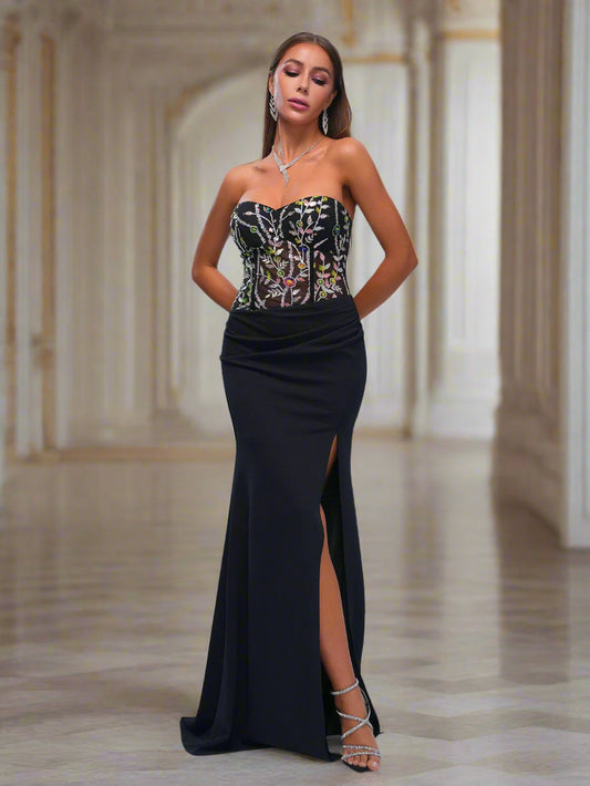 Ellalabel Floral Sequin Tube Top Panel Split Dress in Black - Crafted from Shimmering Hand-stitched Sequins- Perfect for Garden Parties and Resort Wear.