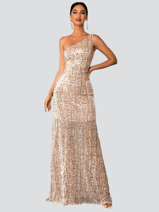 Ellalabel One Shoulder Sequins Maxi Prom Dress in Gold - Crafted from Shimmering Hand-stitched Sequins- Ideal for Wedding Guest and Formal Galas.
