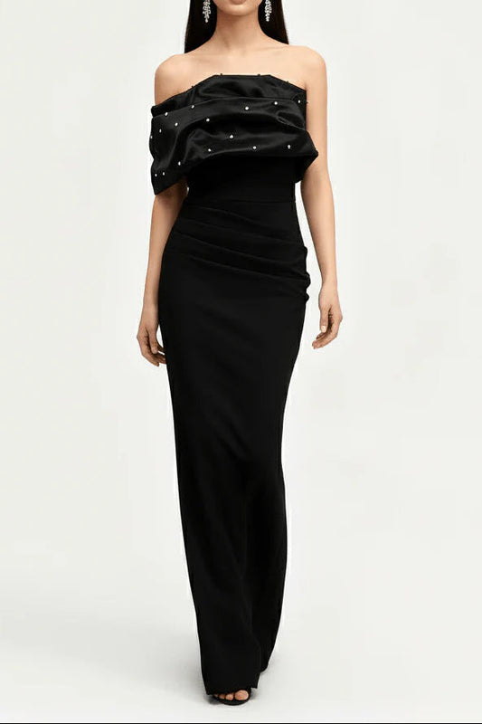Ellalabel audrey Black Pearl Embellished Draped strapless maxi dress - Crafted from High-quality Fabrication- Ideal for Wedding Guest and Formal Galas.