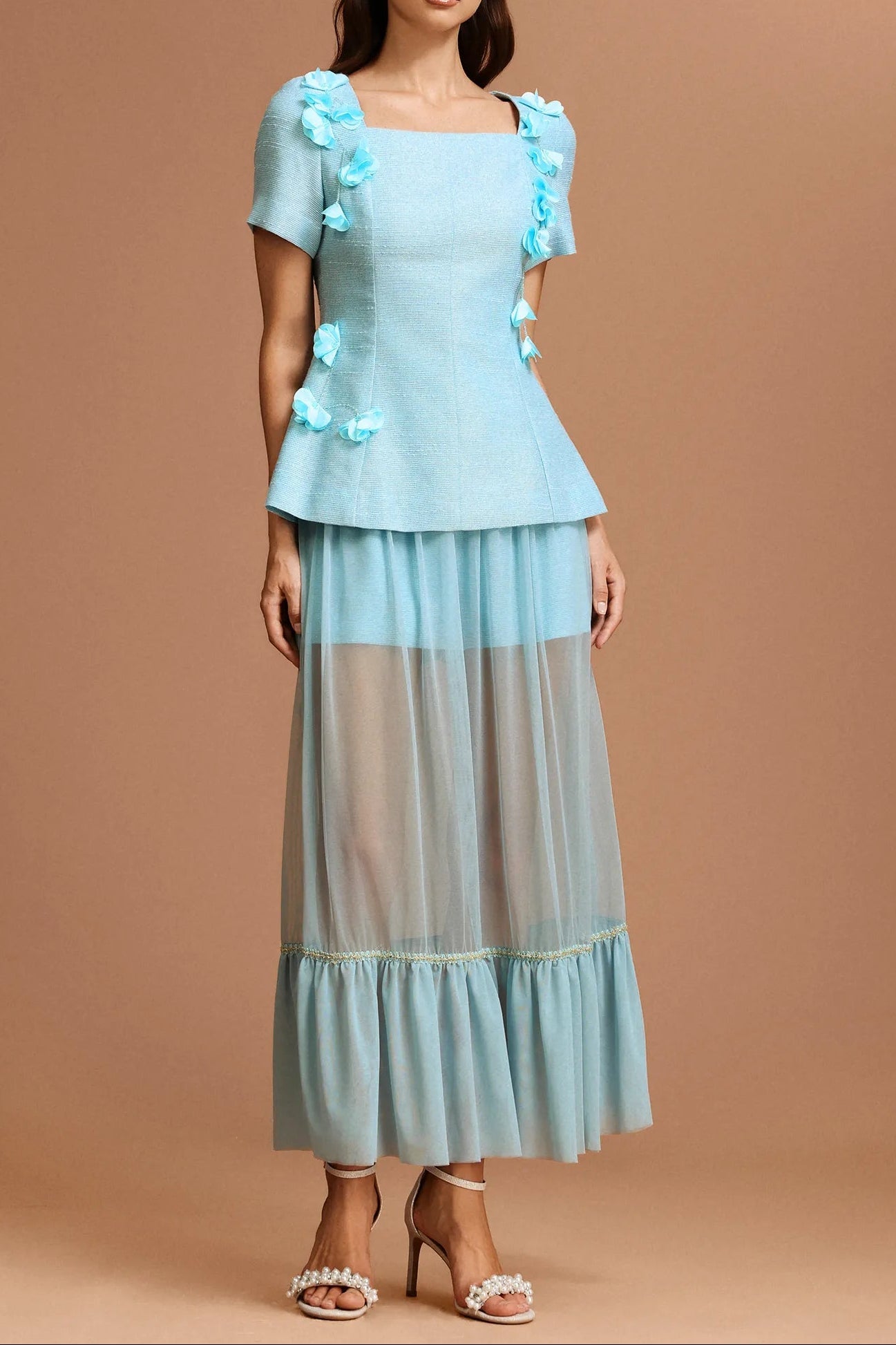 Tiffany blue Short Sleeves Flowers Folds Top And Skirt Two-Piece Set