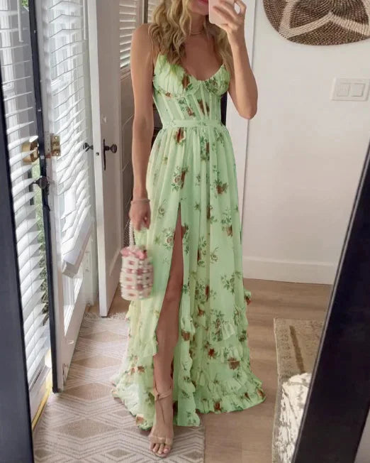 sabina floral printed high slit Strapless maxi dress