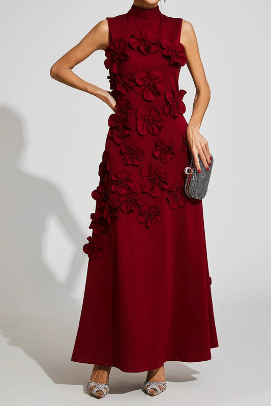 Ellalabel modesty RED FLOWER EMBELLISHED MAXI DRESS - Crafted from High-quality Fabrication- Ideal for Wedding Guest and Formal Galas.