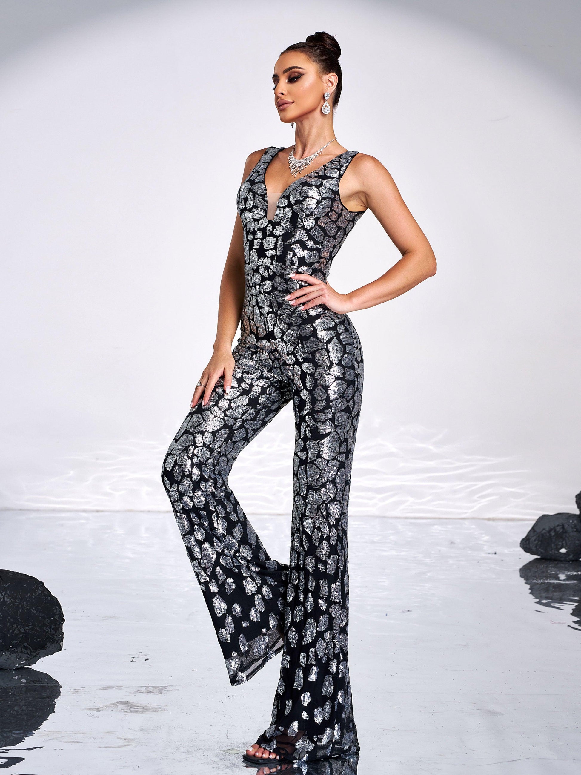 Sleeveless Cutout Sequin Jumpsuits