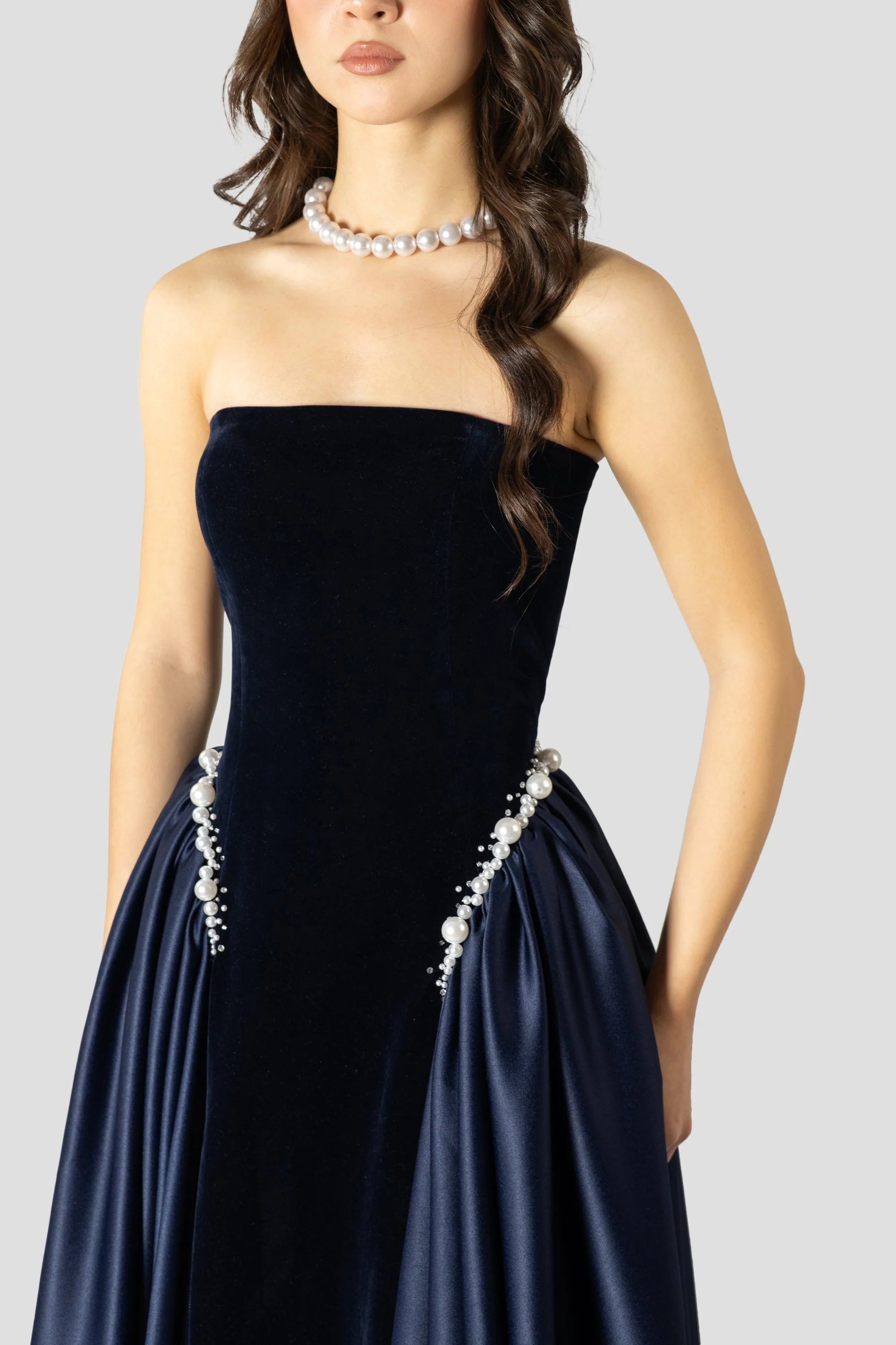 alison Dark Blue Pearls Embroidered strapless maxi Dress