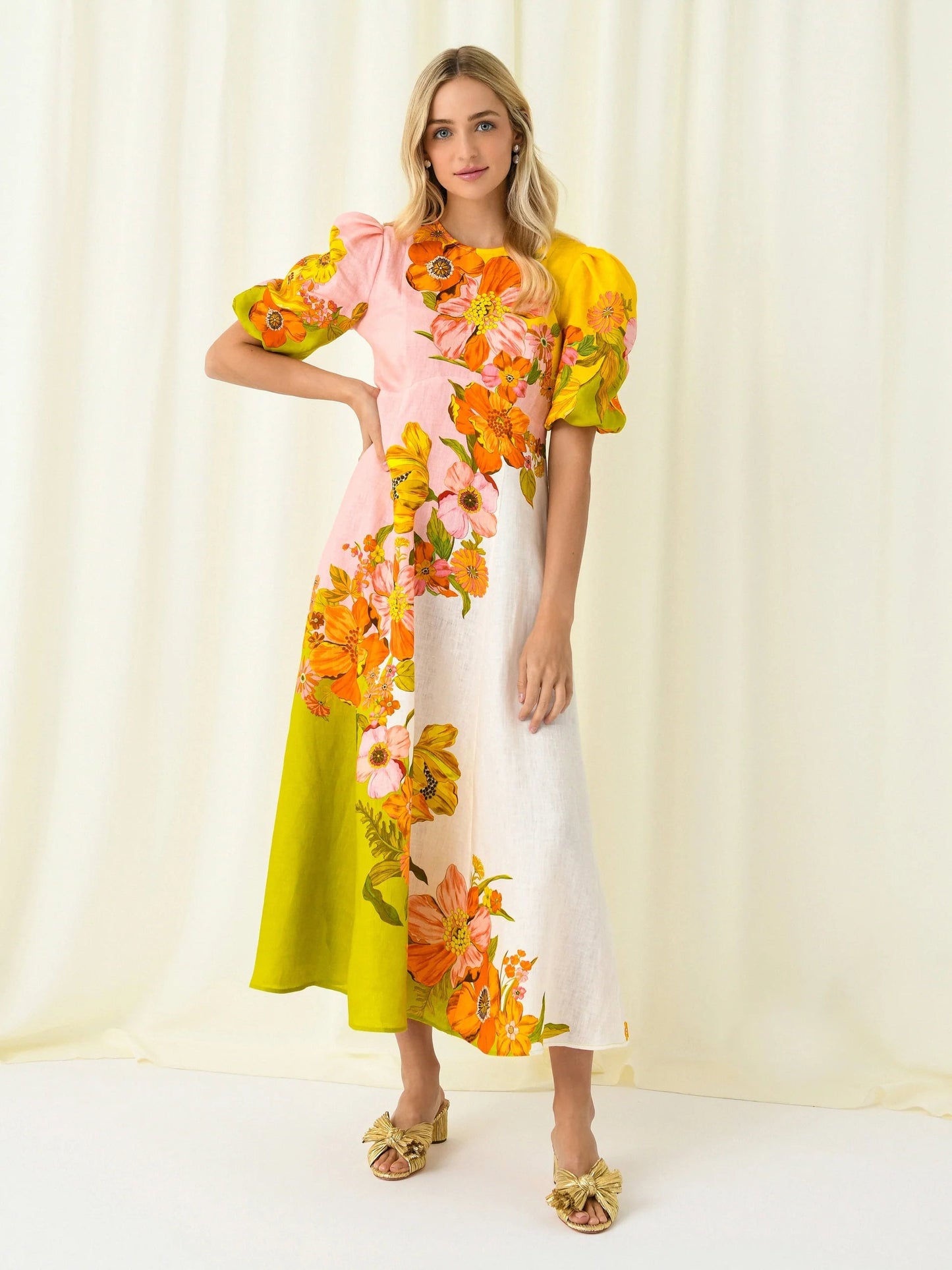 nancy yellow puff sleeve floral print maxi dress