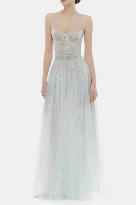 Ellalabel quintina blue draped tulle fishbone maxi dress - Crafted from Voluminous Soft Tulle- Ideal for Wedding Guest and Formal Galas.