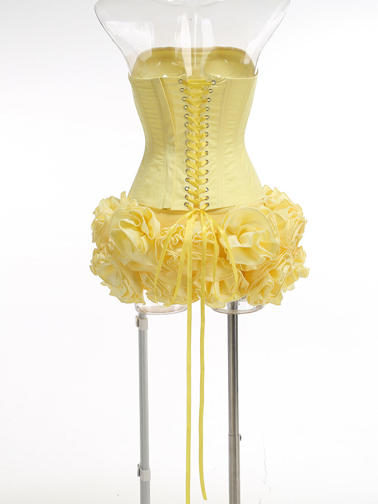 samantha flower embellished mini skirt corset set in yellow