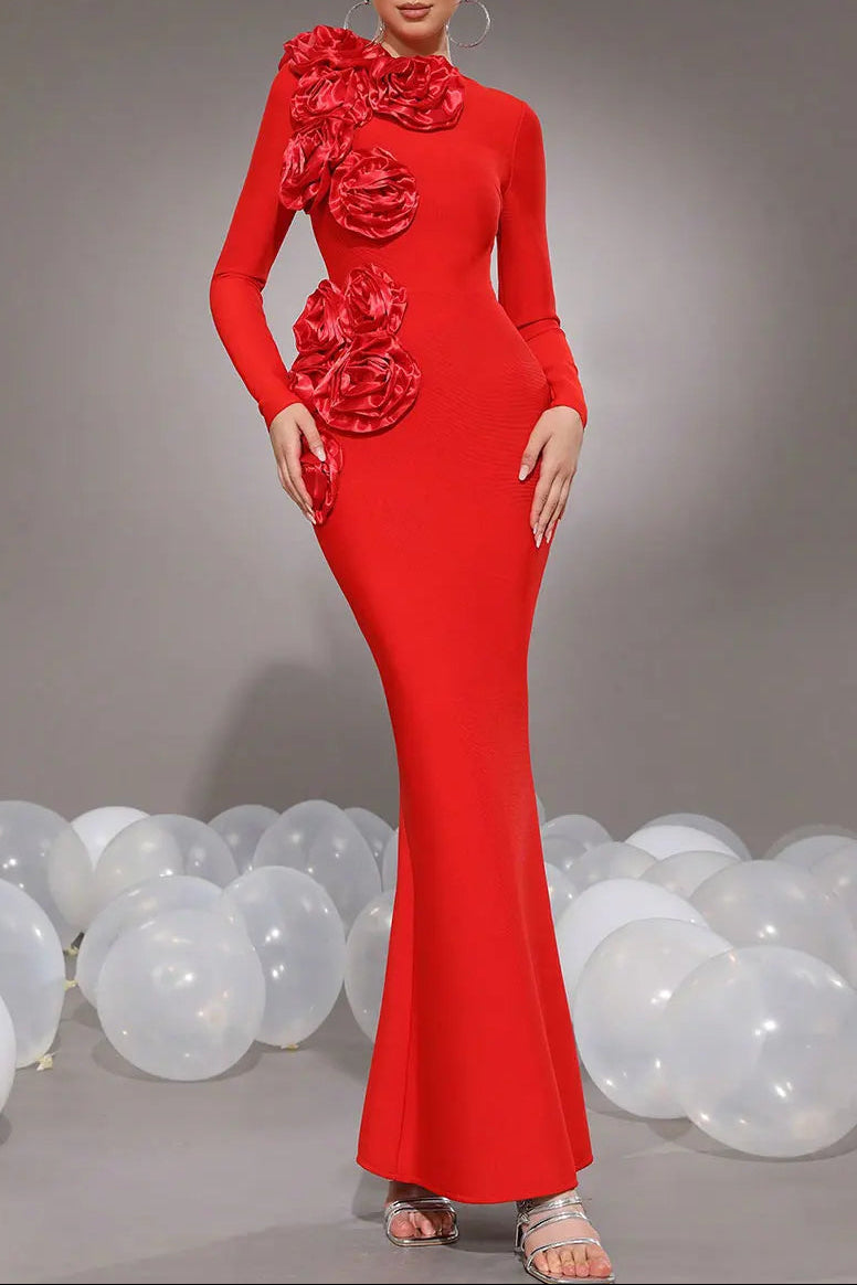 Kelley 3D Flower Decorative Bandage maxi Dress in red