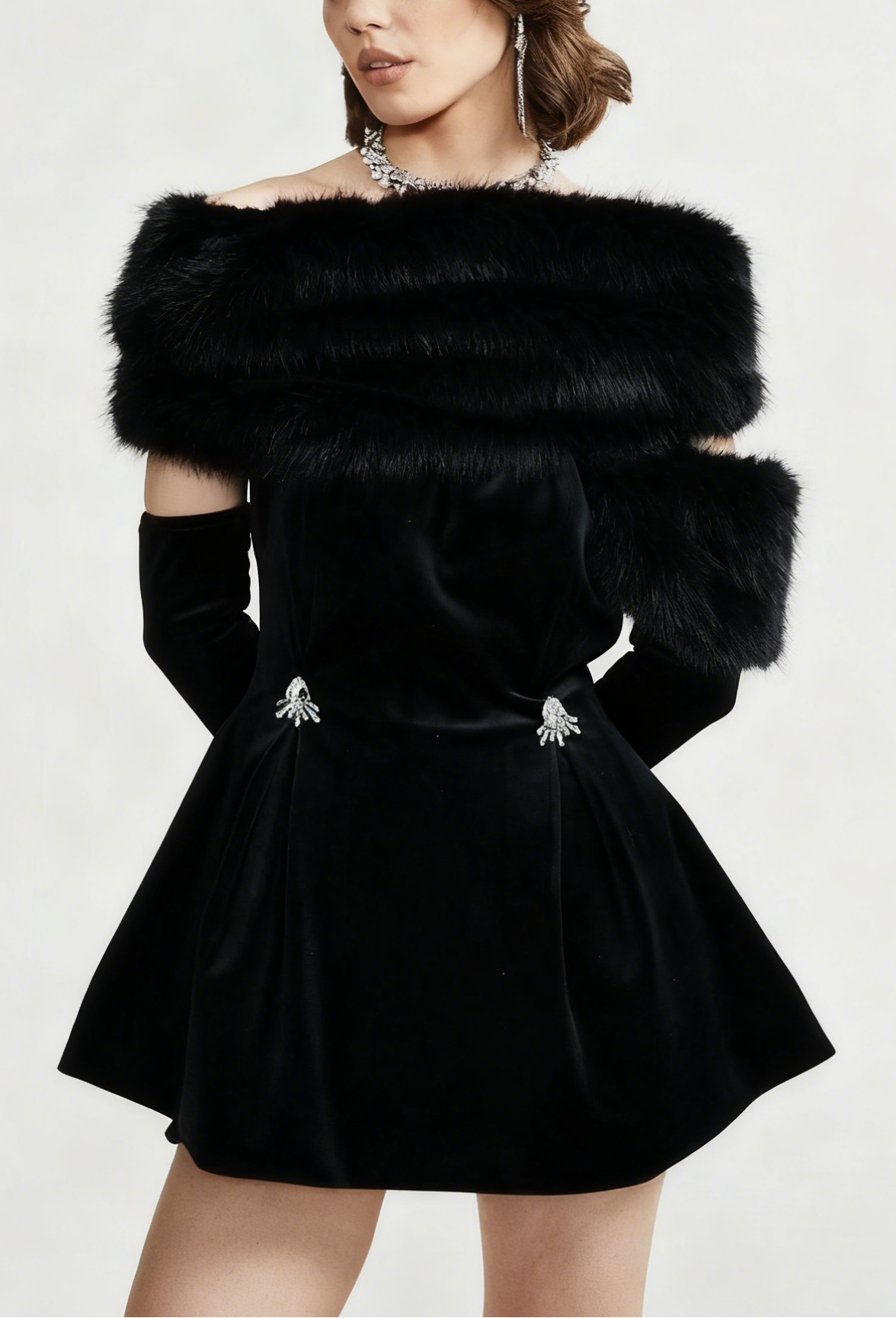 priscilla black velvet fur mini dress