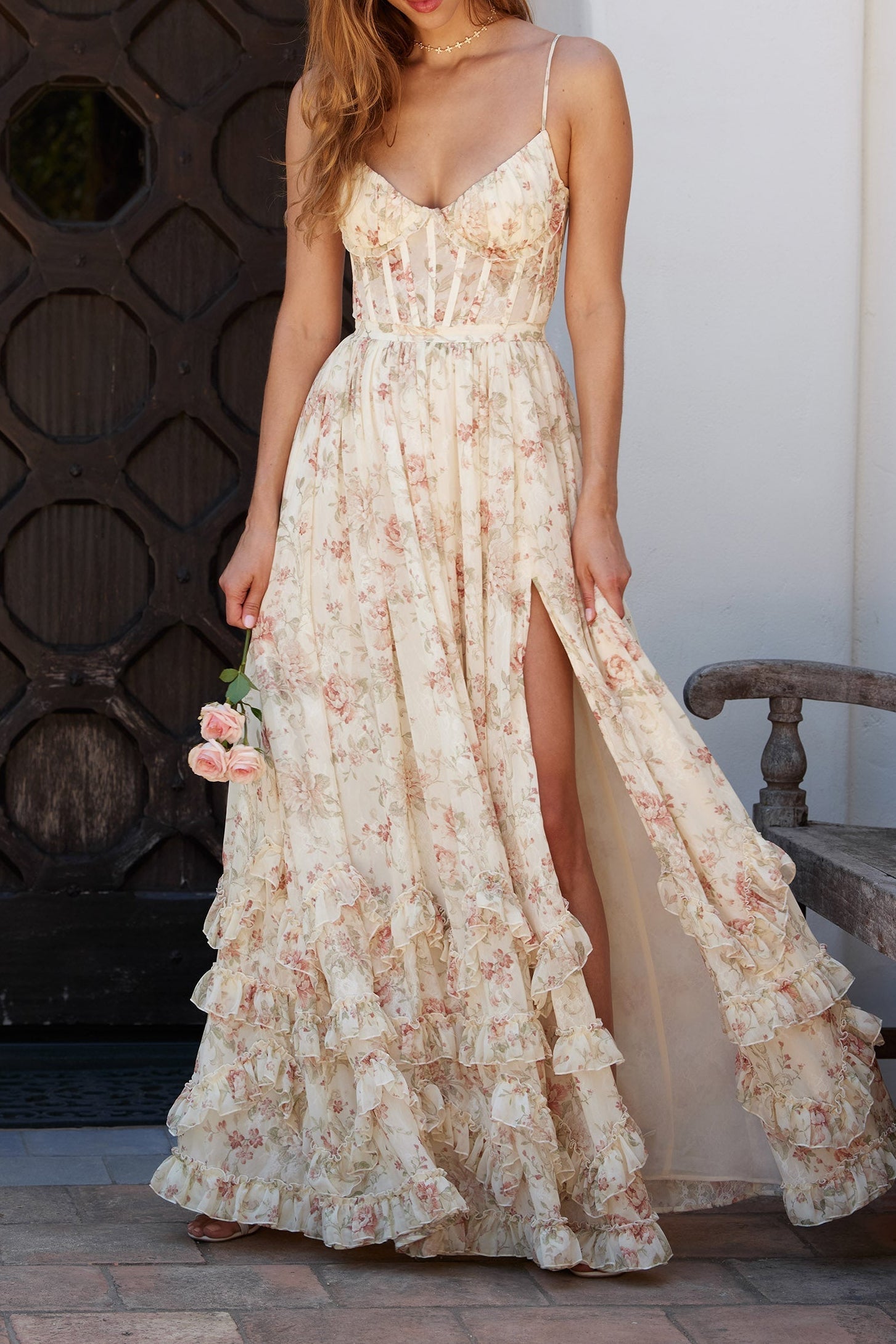 mignon floral print ruffle layer high slit corset maxi dress