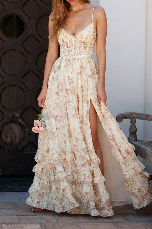 Ellalabel mignon floral print ruffle layer high slit corset maxi dress in Yellow - Crafted from High-quality Fabrication- Ideal for Wedding Guest and Formal Galas.